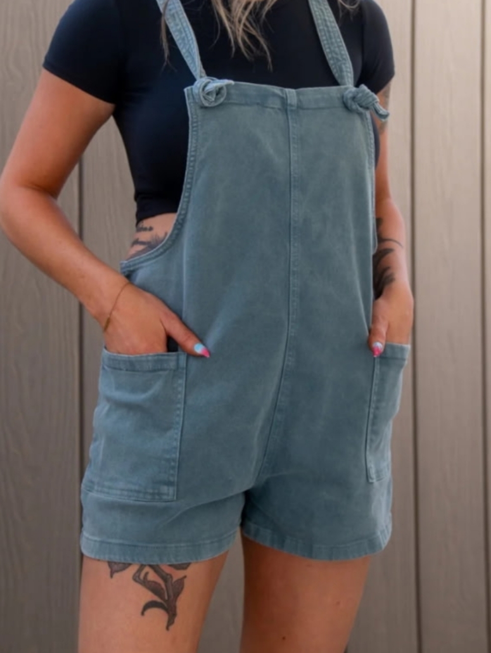 Zenana Outfitters Teal Denim Short Overalls w/Knotted Straps Sz S,M,L New
